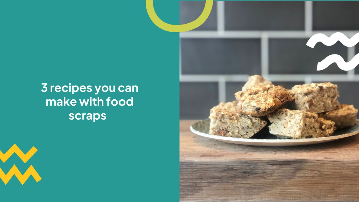 picture of a banana loaf cake with text that reads three recipes you can make with food scraps to reduce food waste