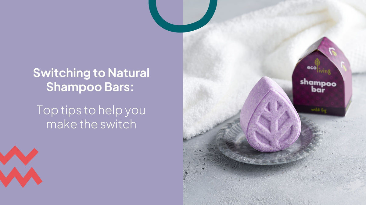 woman washing her hair with a natural shampoo bar. The text reads ' tips for switching to natural shampoo bars'