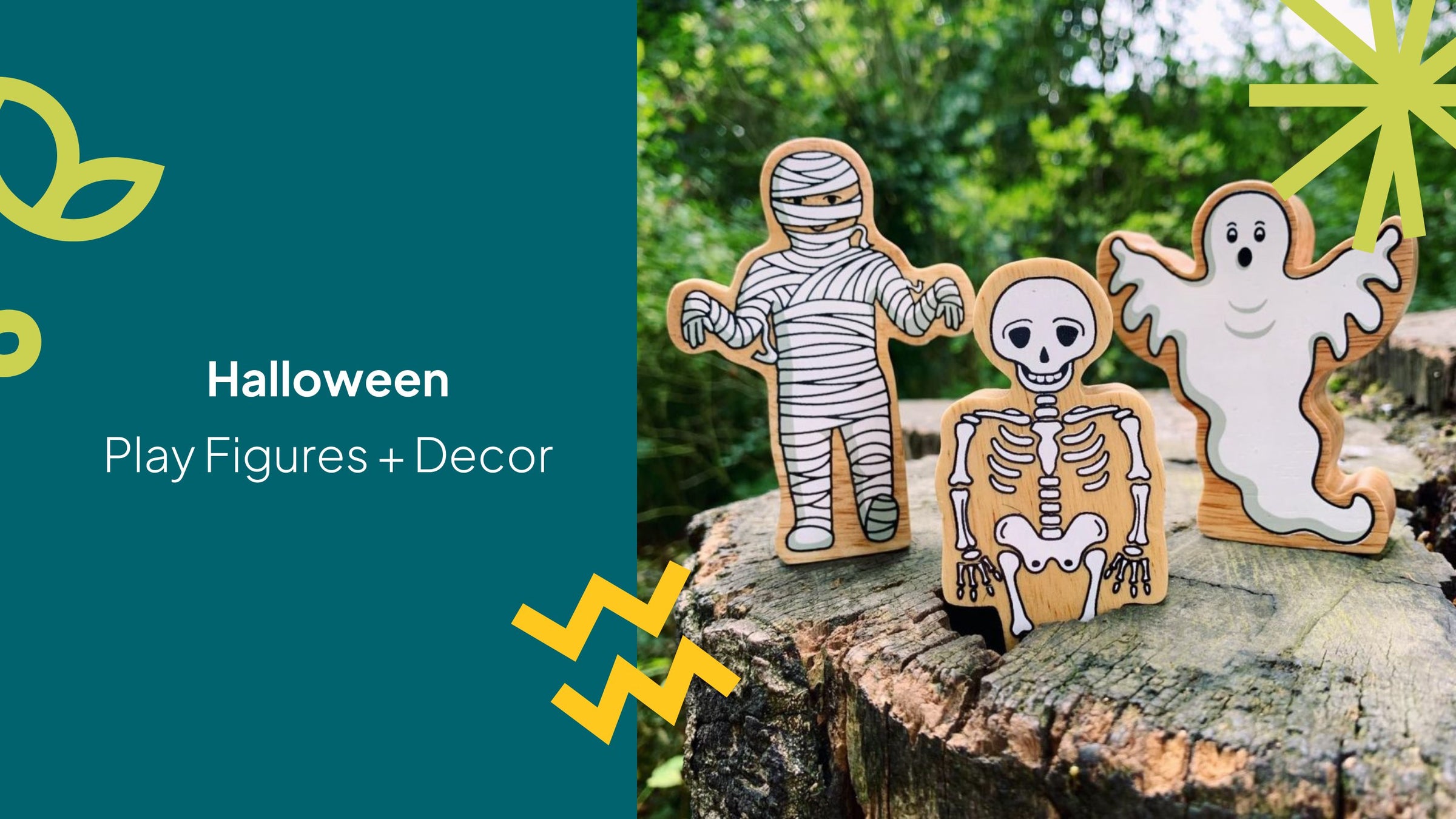 halloween toys including a wooden skeleton, mummy and ghost