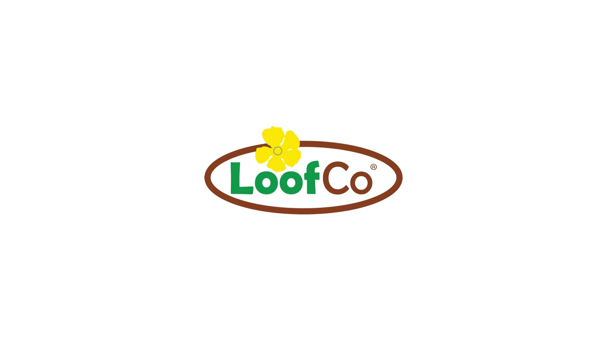 loof co logo. Loof in green bold text and co in brown light text. the words are in a brown oval with a yellow flower in the left corner