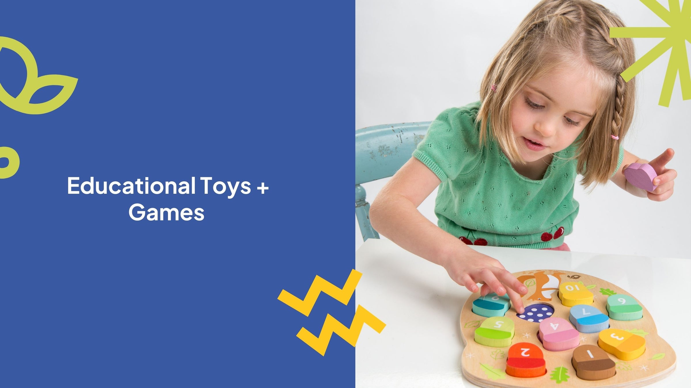 smallkind educational toys collection. Imagine of a girl playing with a number puzzle 