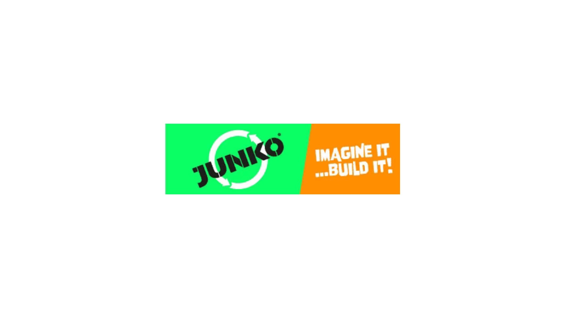 junko logo including the word JUNKO is bold balck text on a grass green background. The words 'Imagine it build it' are in bold white text 