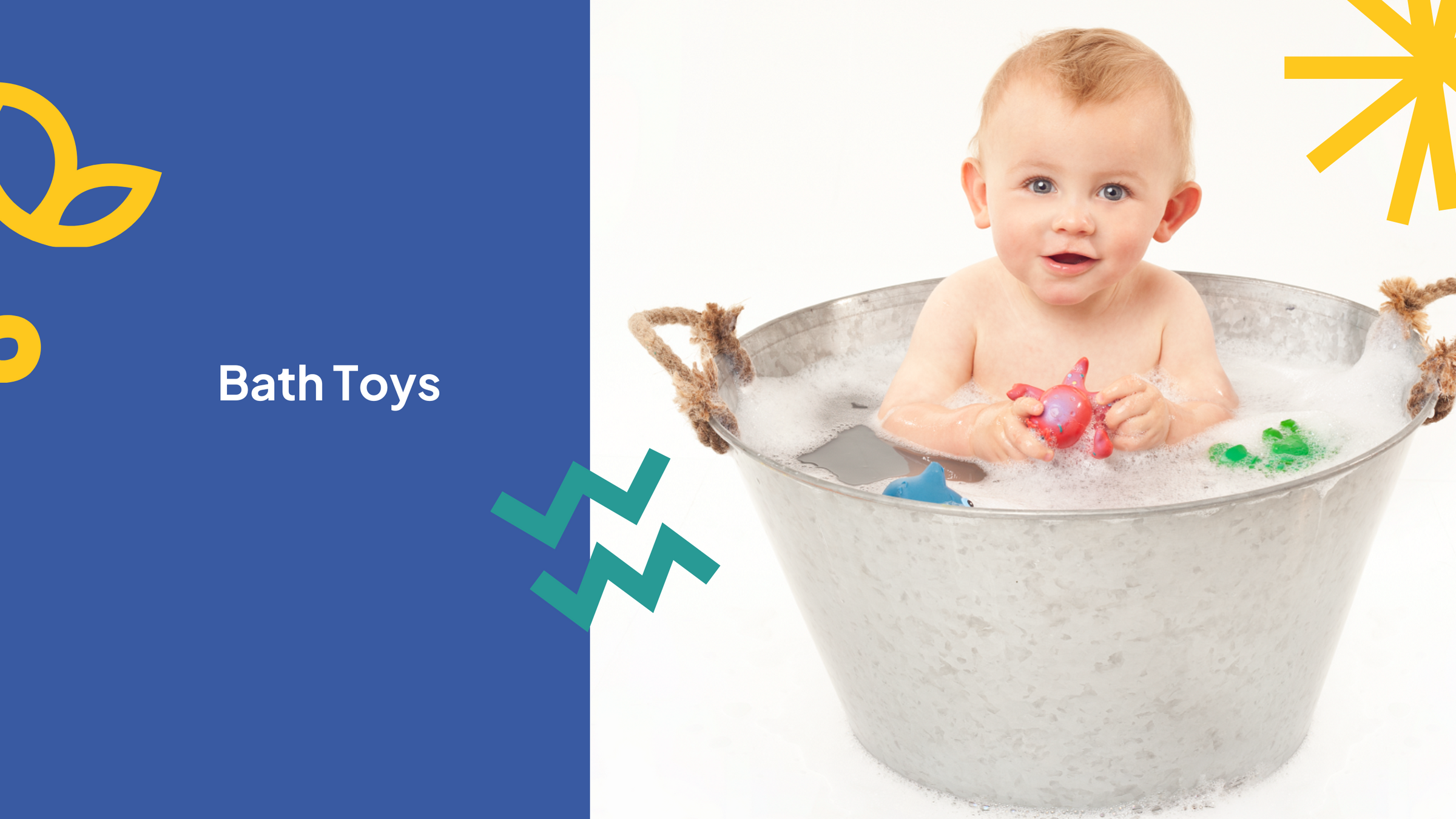 baby in a tin bath with bubbles and rubber sea creatures bath toys