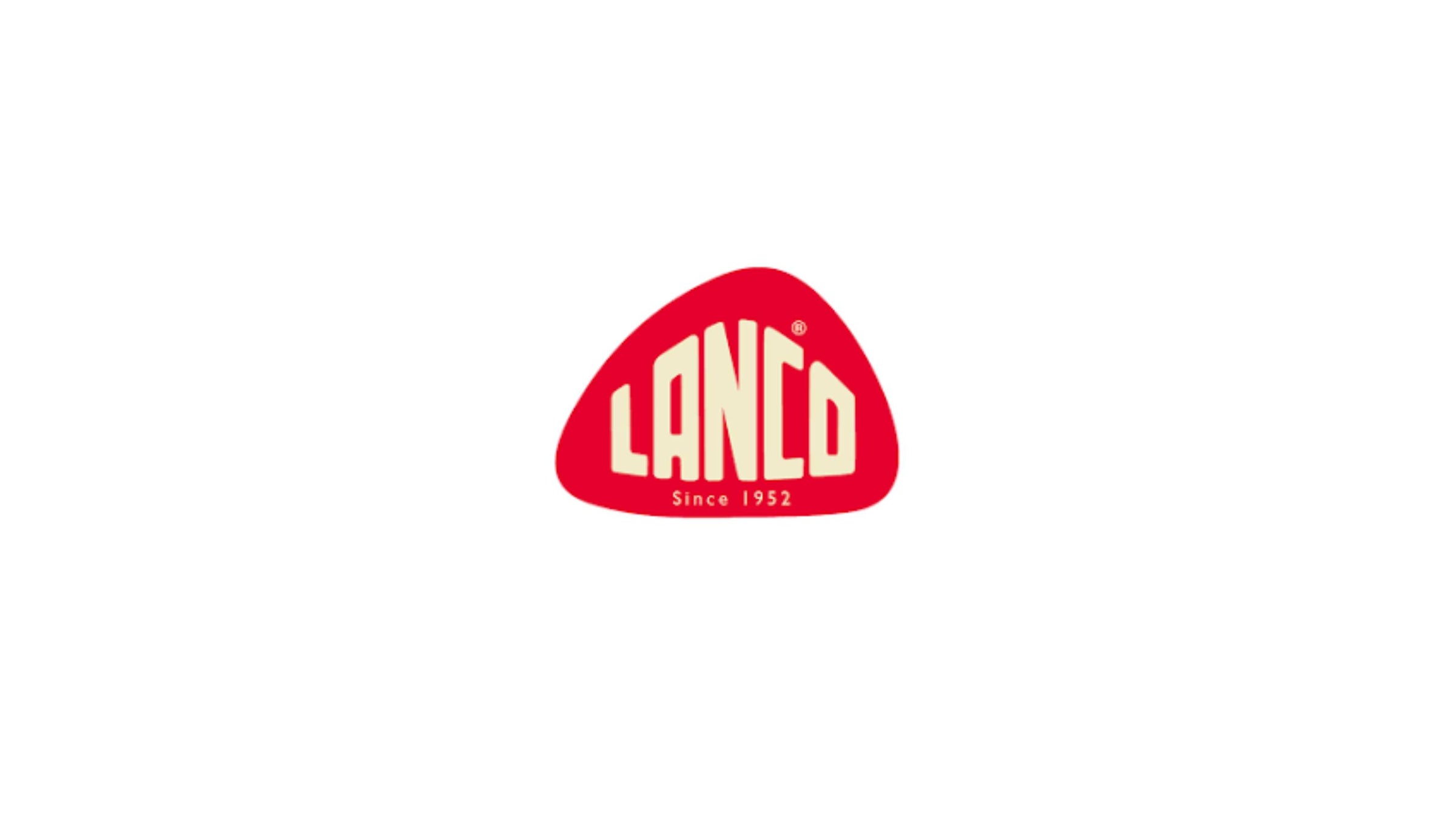 lanco logo. A red freeform shape with the word Lanco in beige text arranged to fit within the shape. 