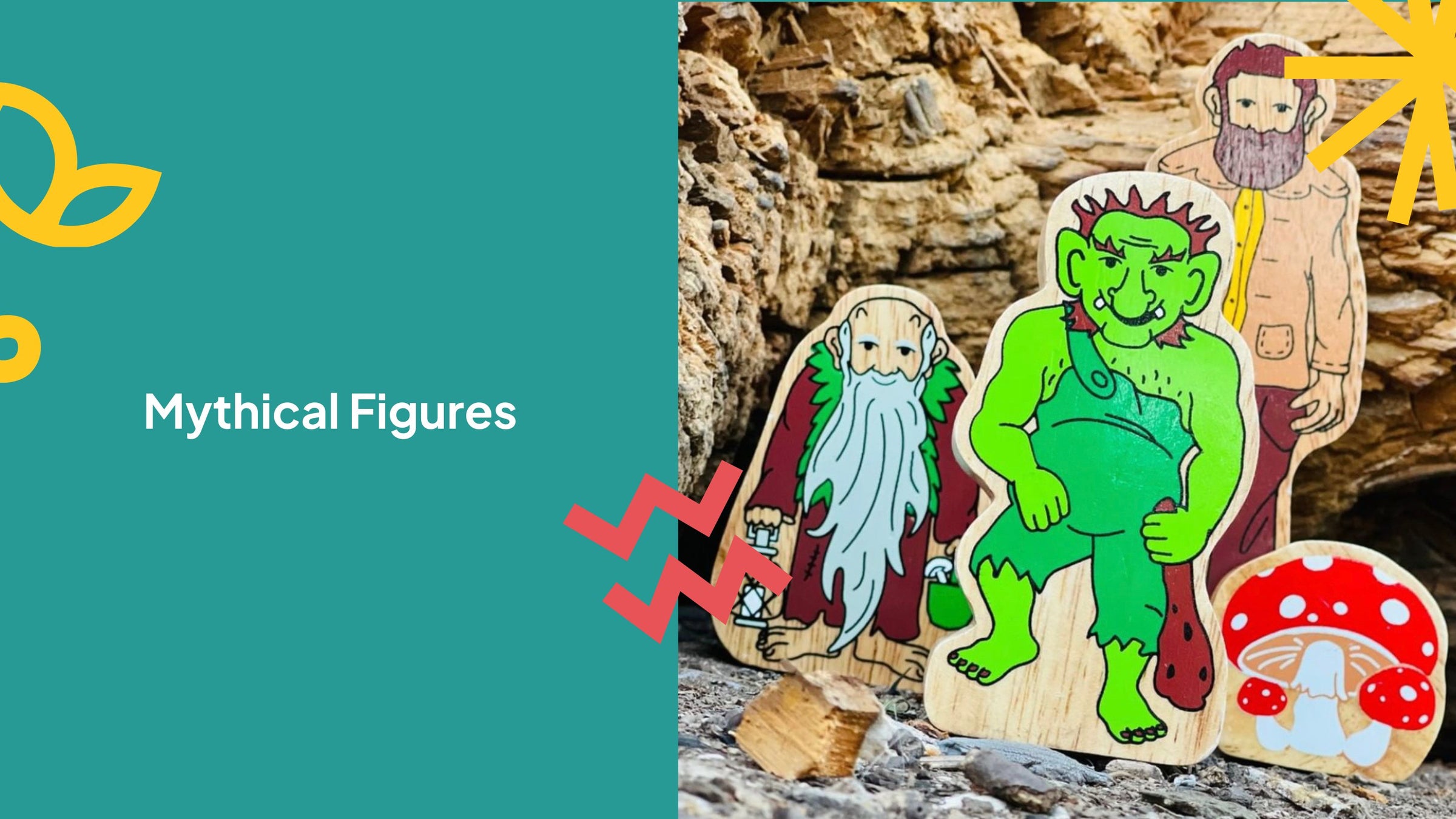 mythical character wooden figures by lanka kade including a troll, hermit, giant and toadstool
