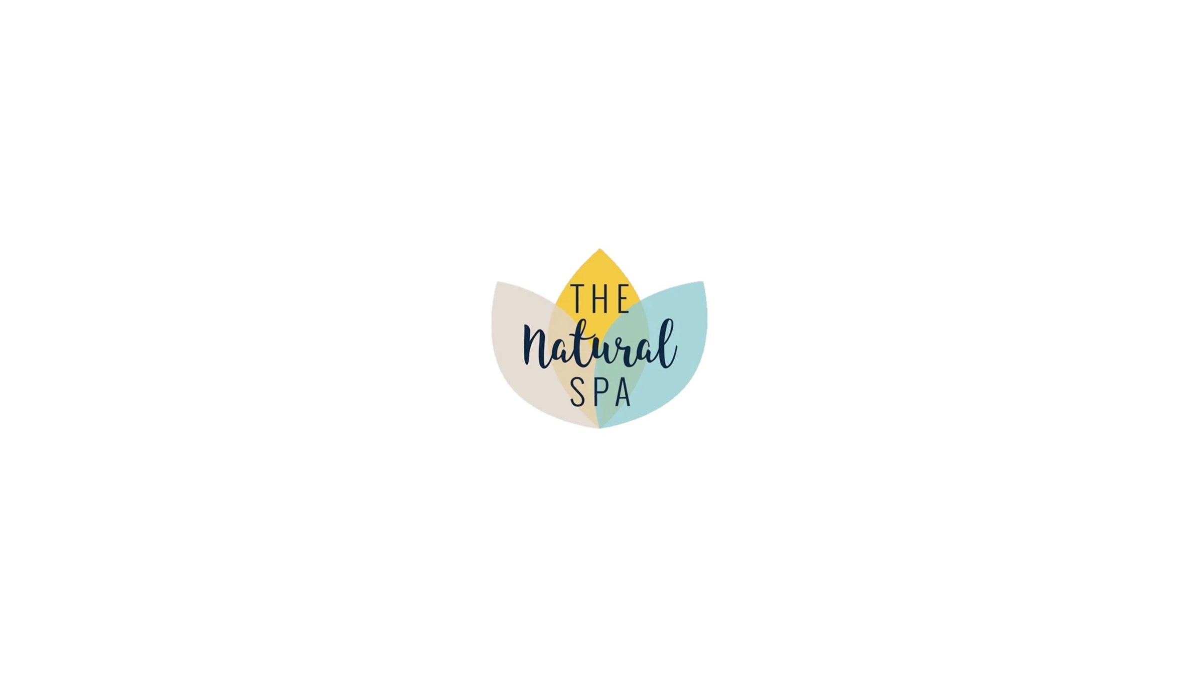 the natural spa in black handwritten font. There is a lotus leaf in nautral blue, mustanrd and beige tones int he background