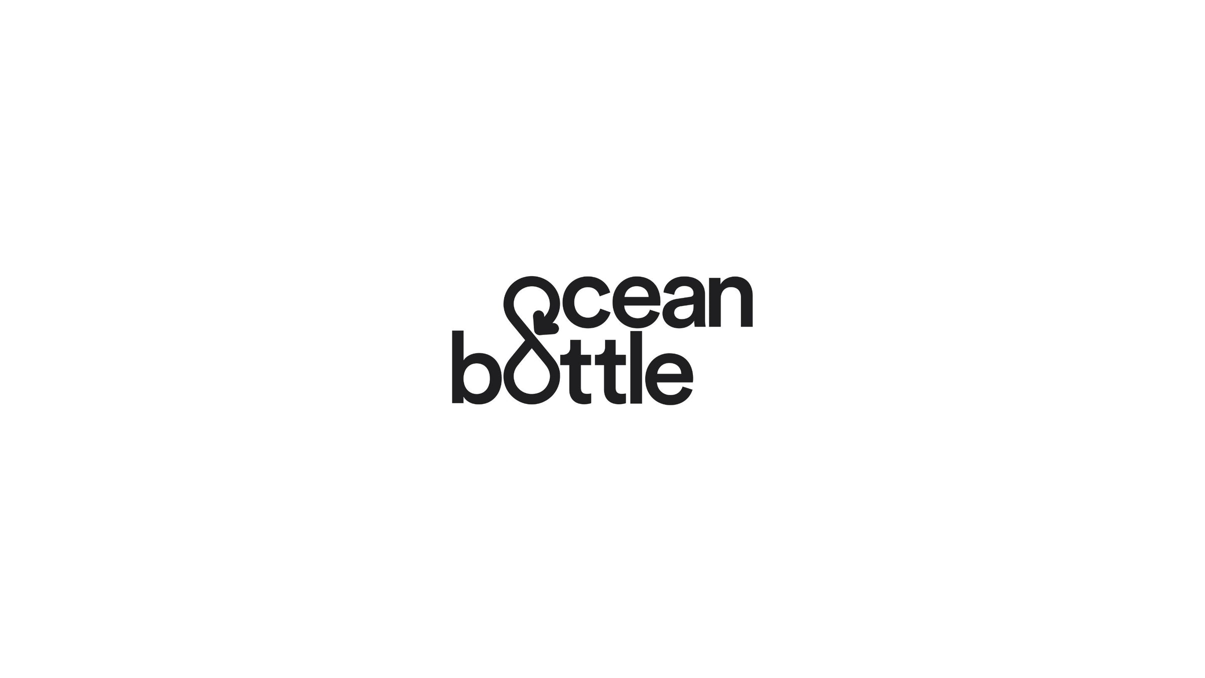the words 'ocean bottle' in black sans serif font stacked on top of eachother. The o in ocean and bottle are linked like a closed loop 
