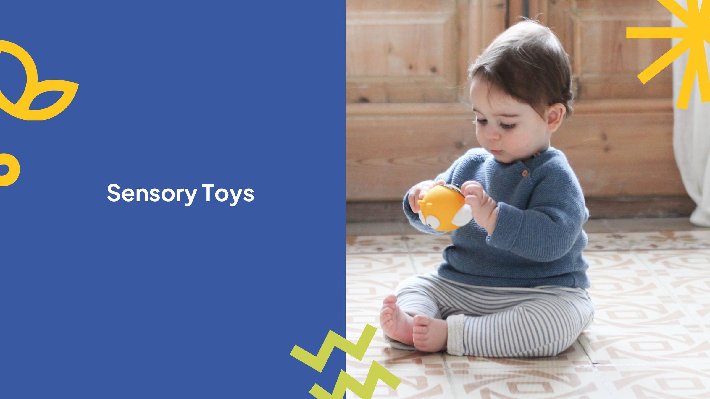 smallkind sensory toys collection - baby sitting up playing with a yellow rubber bee toy