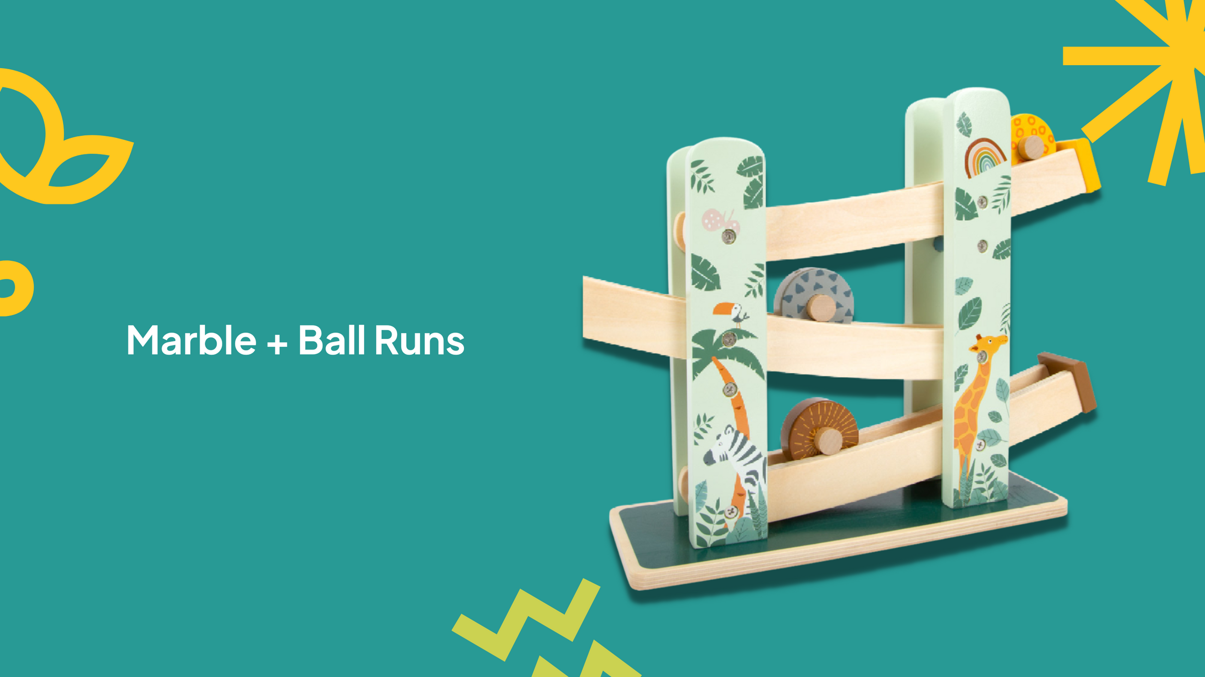 wooden ball run with painted safari animals details 