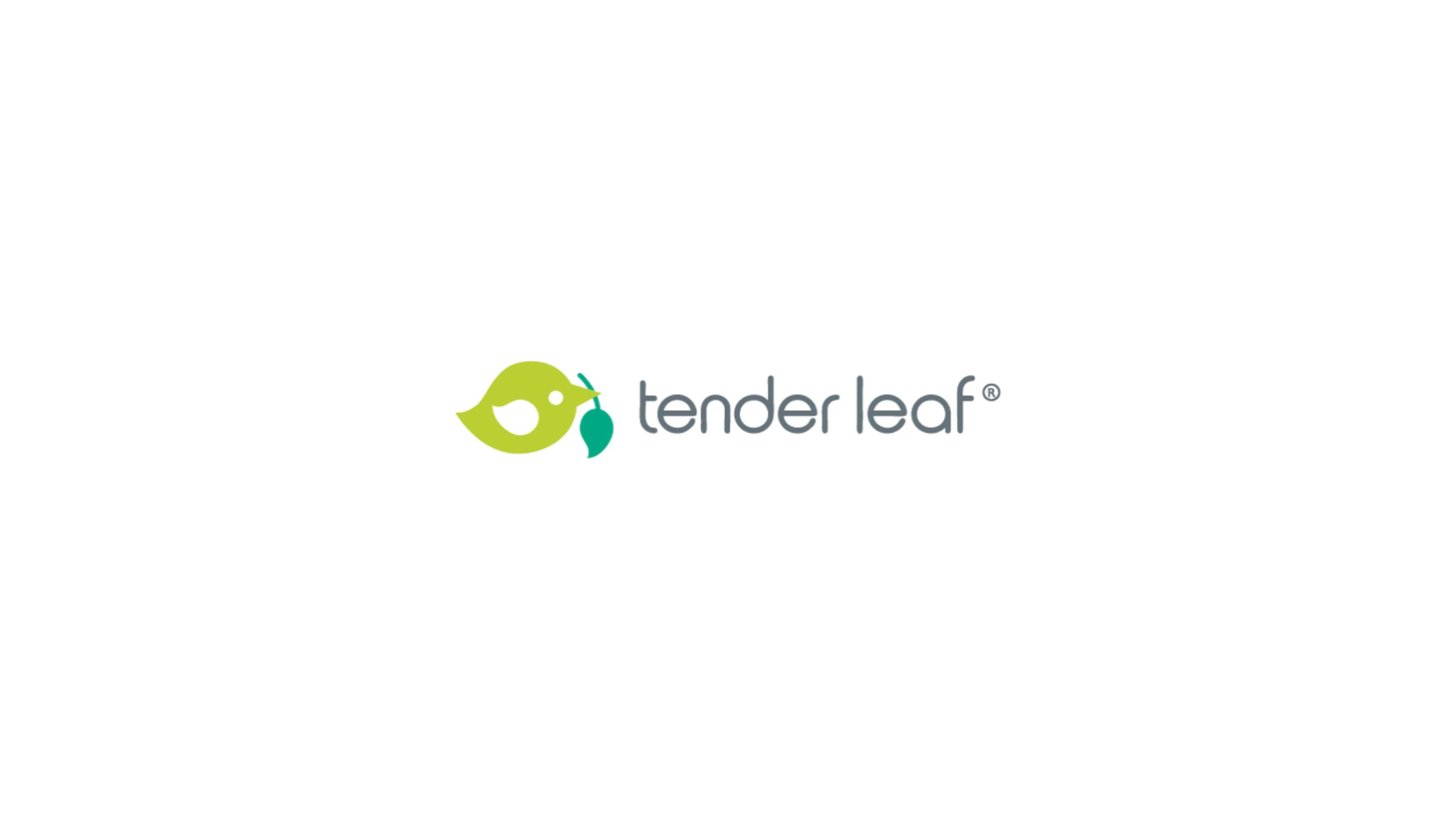 tender leaf toys logo with fine black text and a green bird with a leaf 