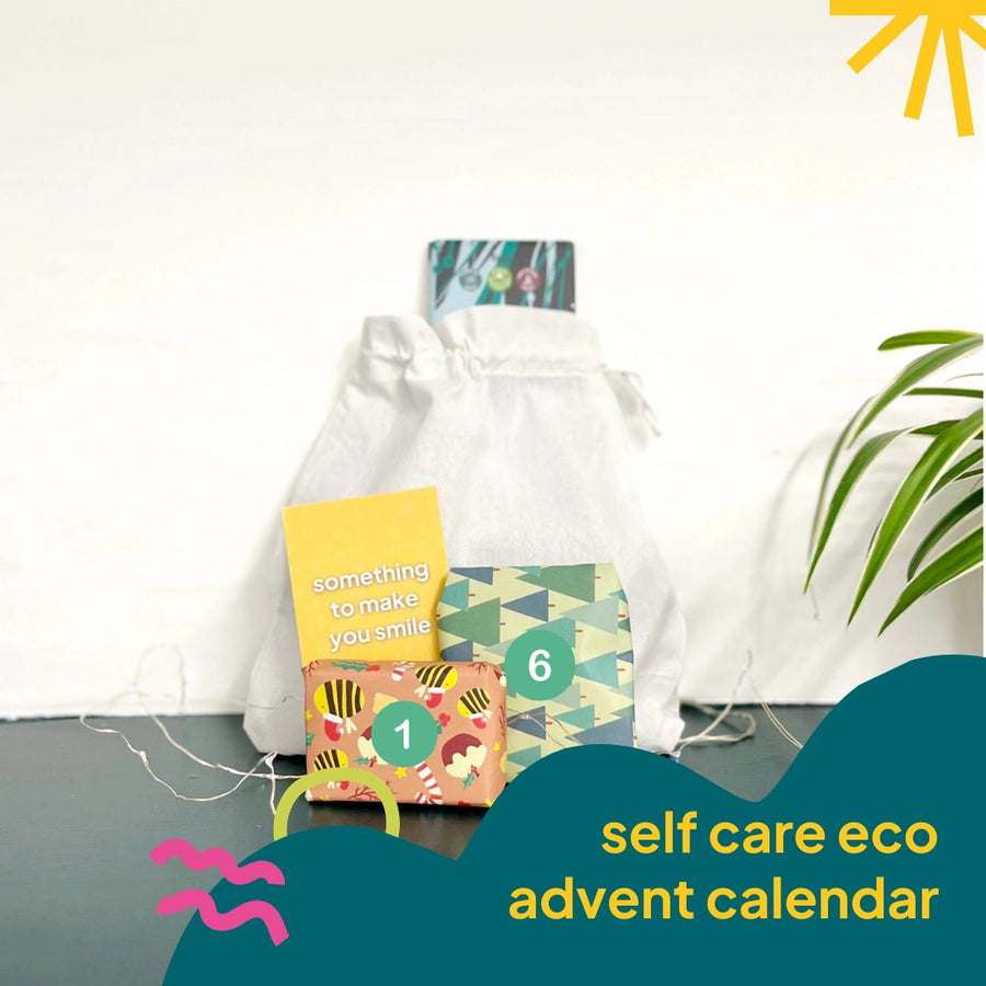 12 Day Eco Advent Calendar for mums featuring small colourful wrapped presents and a drawstring cotton bag