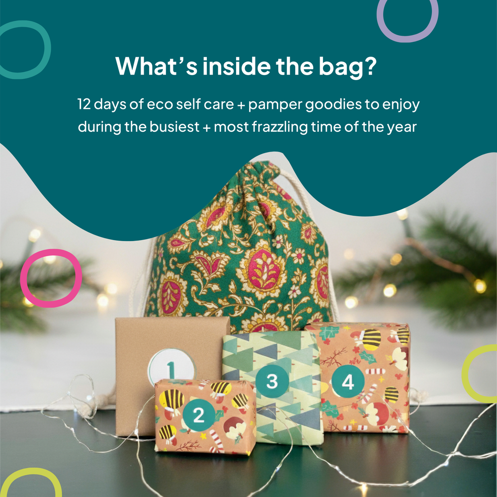 Decorative boxes with numbers on a table, with a green patterned bag in the background. Information about hats inside the 12 days of self care advent calendar 