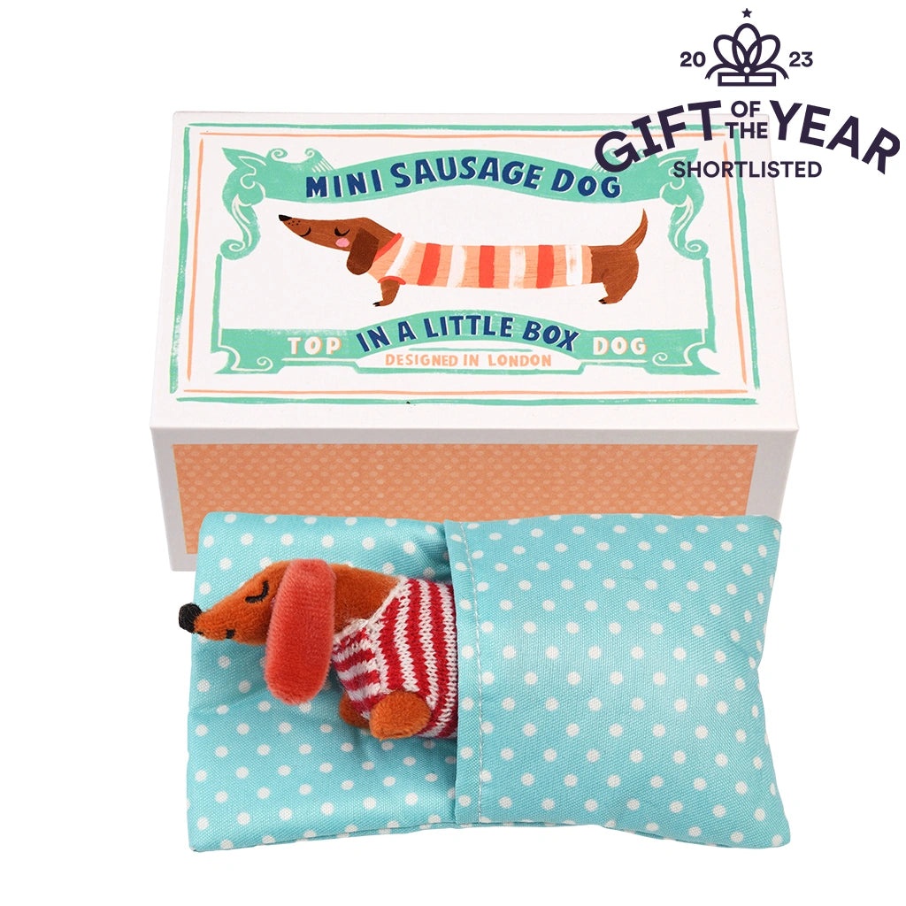 brown Miniature dachshund dog plush toy in a box with a polka dot bed, shortlisted for 'Gift of the Year'.