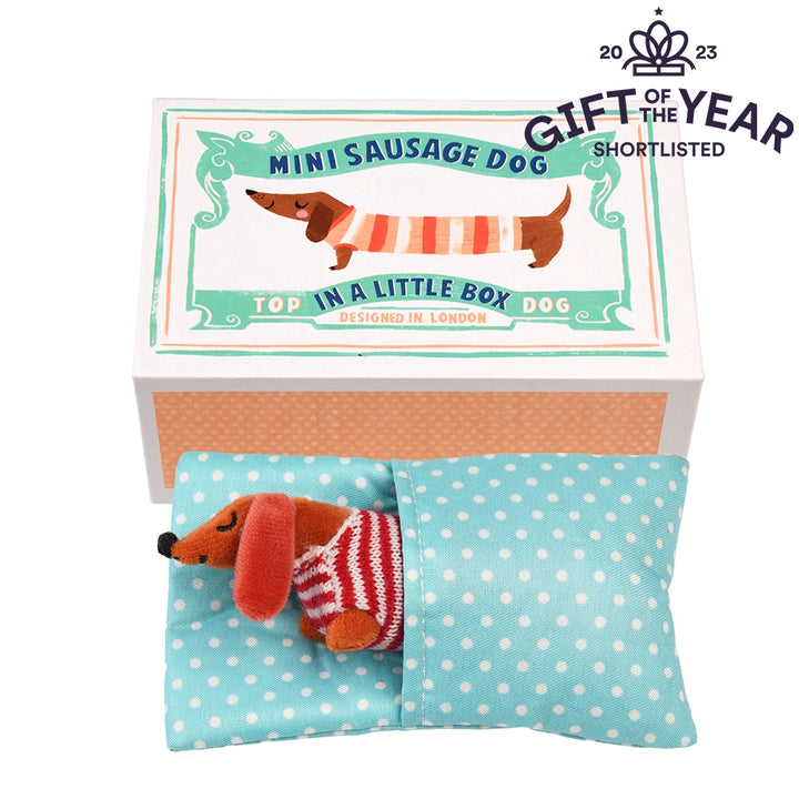 brown Miniature dachshund dog plush toy in a box with a polka dot bed, shortlisted for 'Gift of the Year'.