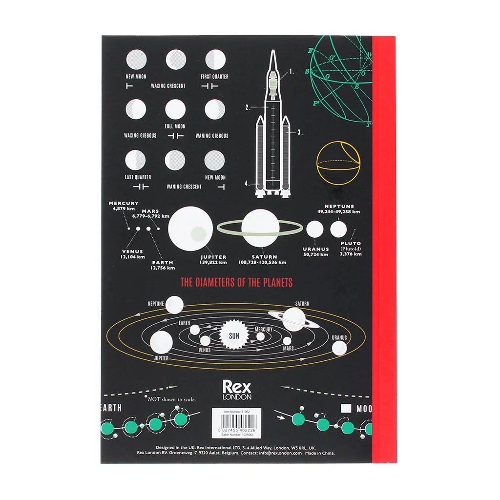Notebook with space-themed design and Rex London branding