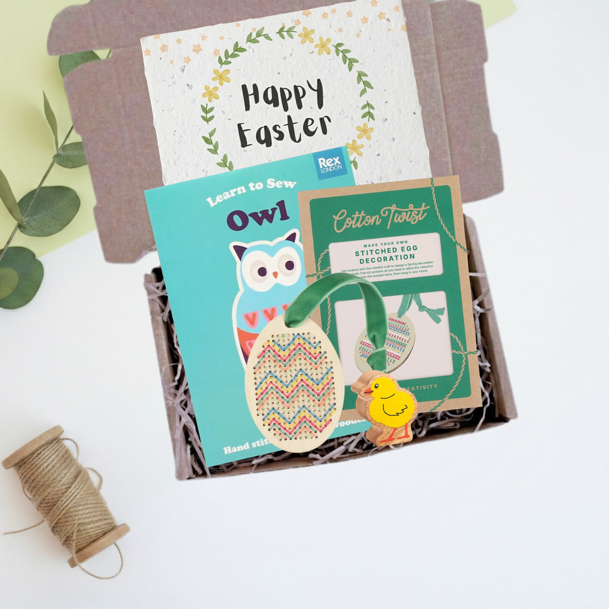 easter themed craft gift box for children with stitch you own egg decoration, learn to sew owl kit and a cute wooden chick