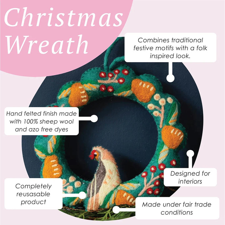 A hand-felted Christmas wreath with orange pumpkins, green leaves, red berries, and a white bird, shown on a dark circular background with callout text boxes describing its features.