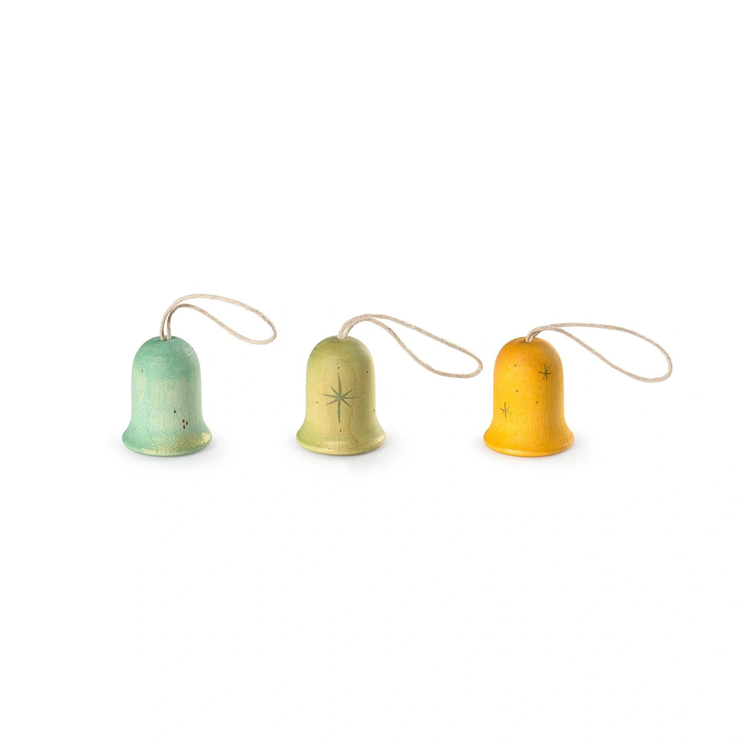 set of three Jingle Joy Bells wooden bell shaped christmas decorations made by grapat toys. Suitable for kids aged 3 and over 