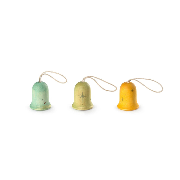 set of three Jingle Joy Bells wooden bell shaped christmas decorations made by grapat toys. Suitable for kids aged 3 and over 