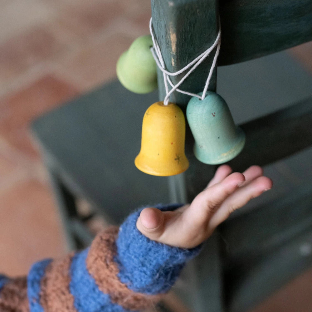 set of three Jingle Joy Bells wooden bell shaped christmas decorations made by grapat toys. Suitable for kids aged 3 and over 