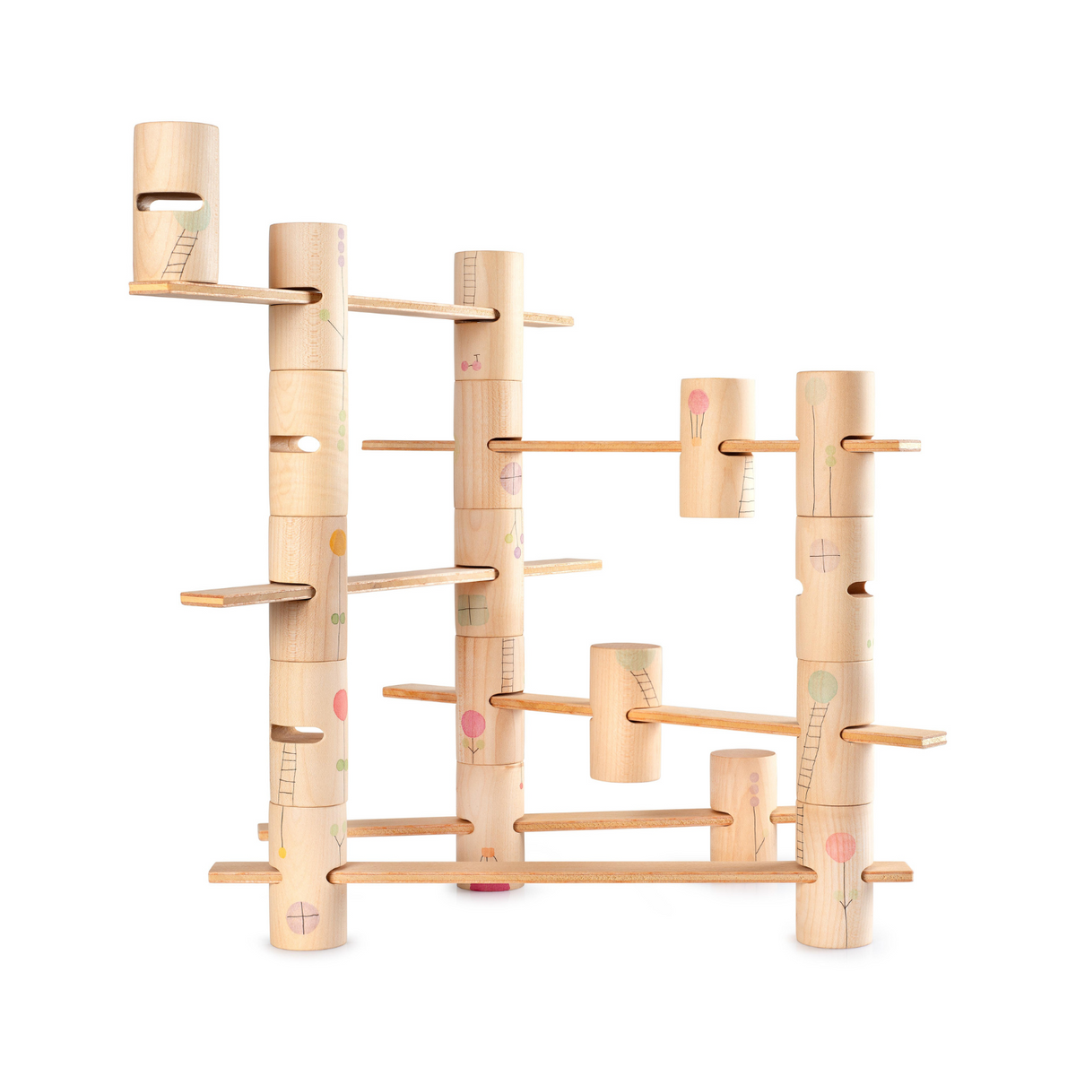 wooden building set with tubes and platforms for open ended play. Age 3+