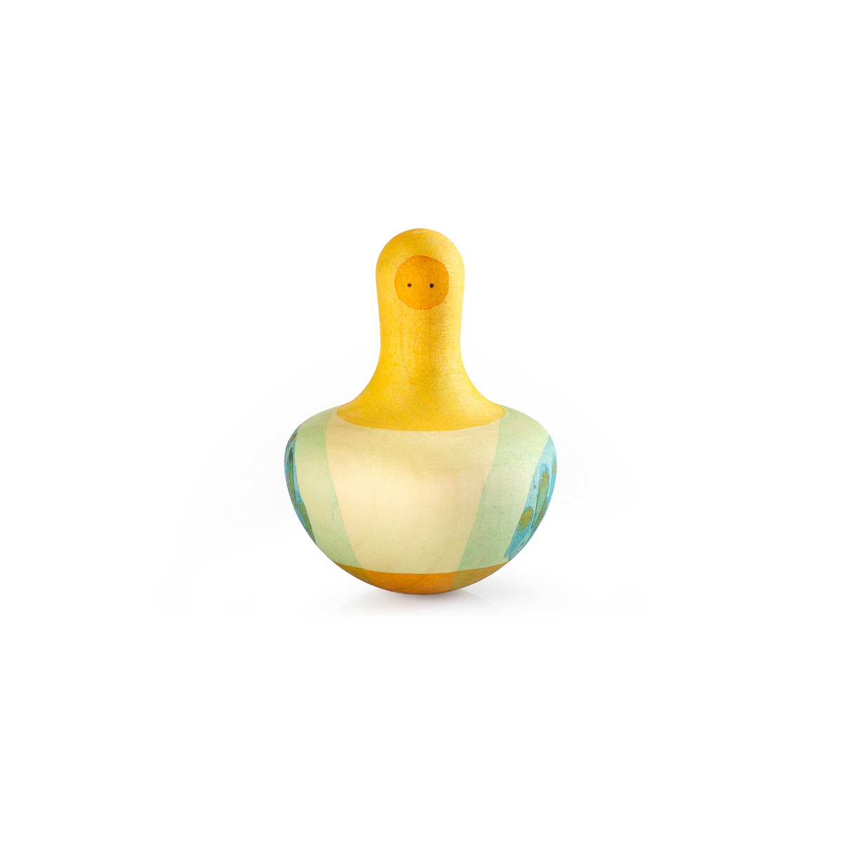 yellow hand painted bird-themed wooden spinning top toy for children over 10 months. Made in spain by Grapat toys