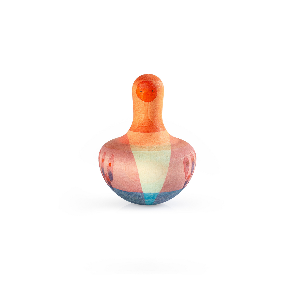 orange, pink and blue hand painted bird-themed wooden spinning top toy for babies and toddlers over 10 months. 