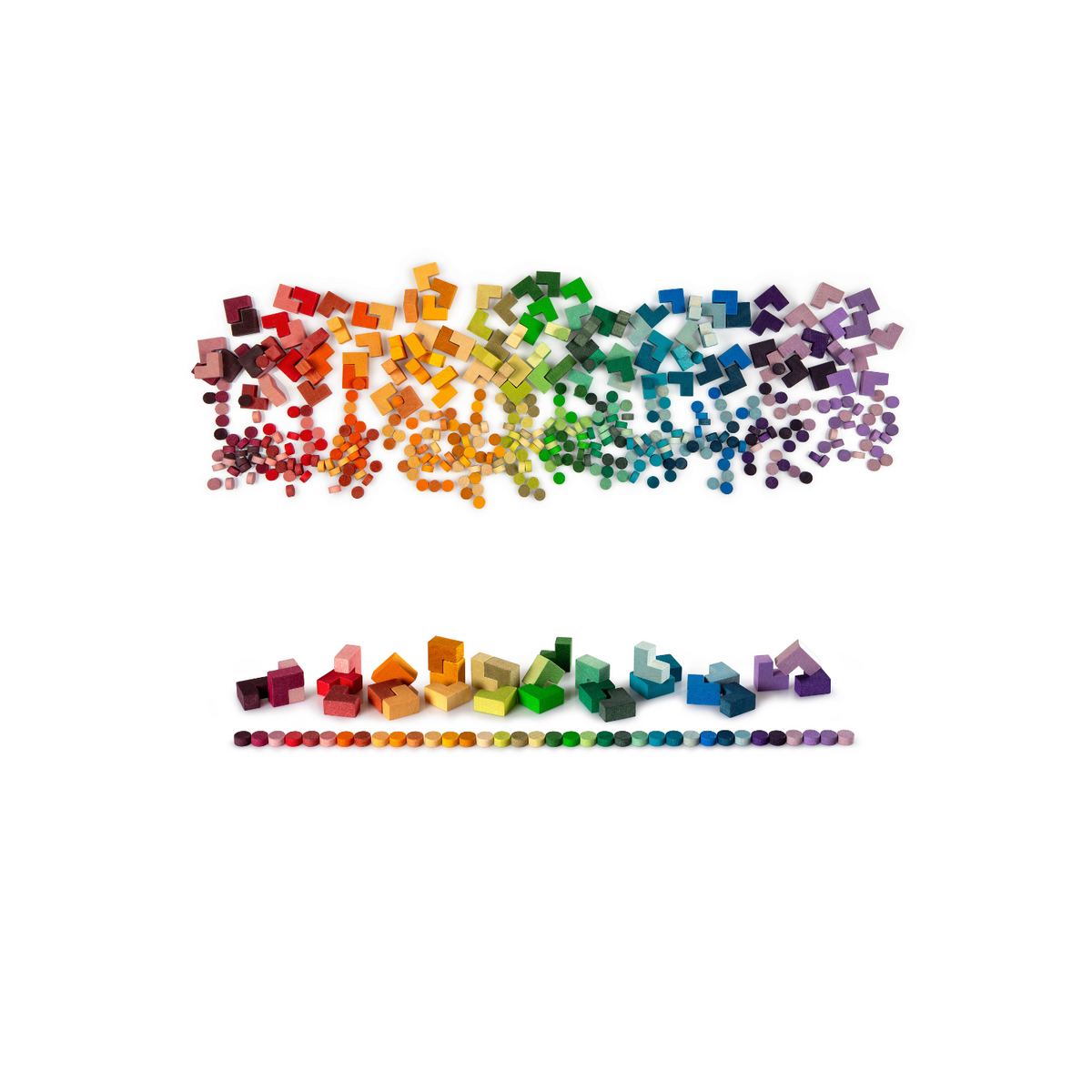 400 small wooden loose parts in rainbow colours. The square and l shaped wooden blocks are for open ended play for children aged 3 and over.