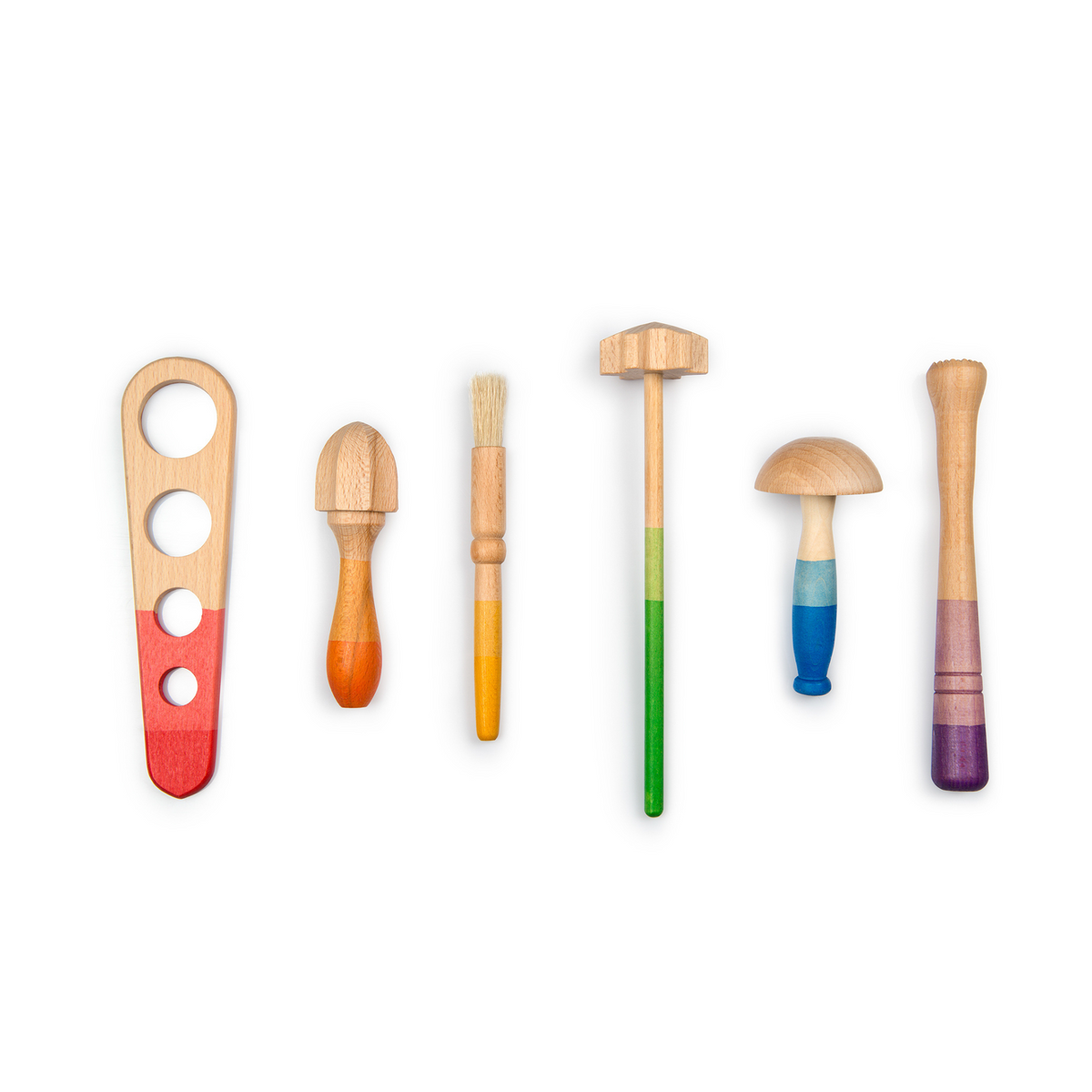 six wooden tools for pretend play on a white background 