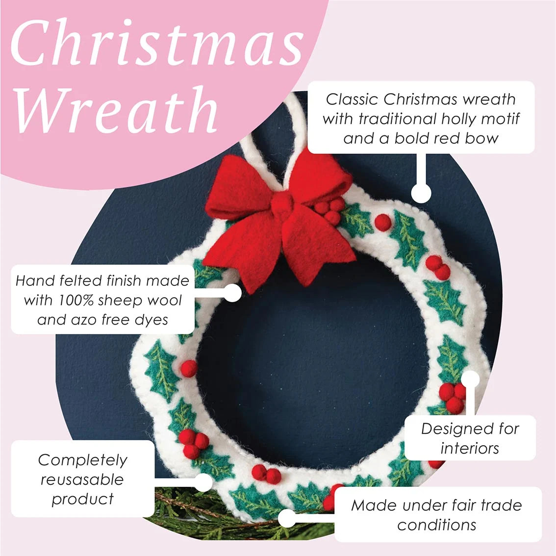 Christmas wreath with a red bow and holly decorations on a pink background