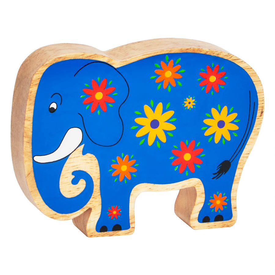 Lanka Kade 30th Birthday Wooden Elephant play figure in blue with colourful flowers. Suitable from 10 months old