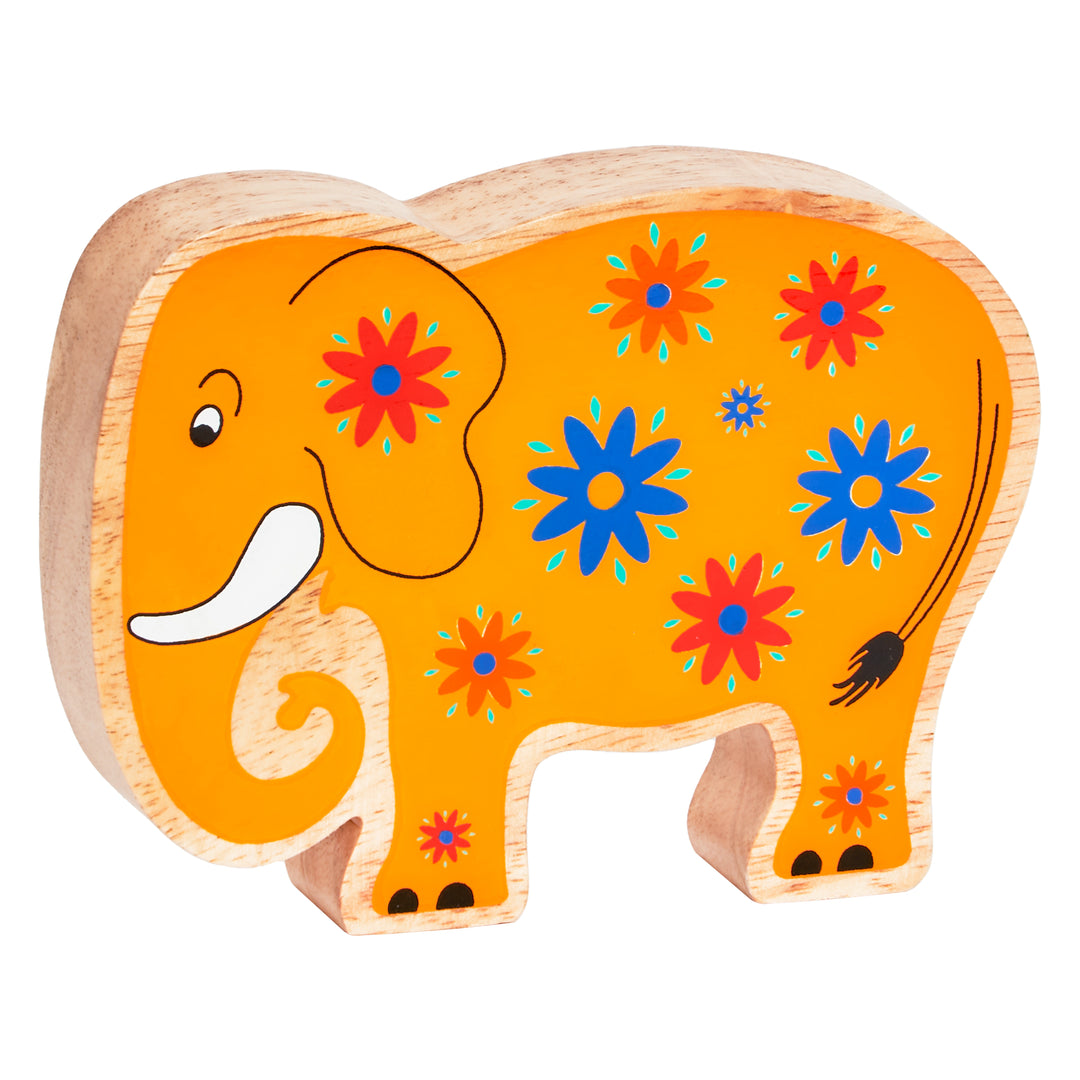 Yellow wooden Lanka Kade 30th Birthday Elephant play figure. The elephant has painted flower details and a natural wood grain edge. Suitable for children from 10 months and over. 