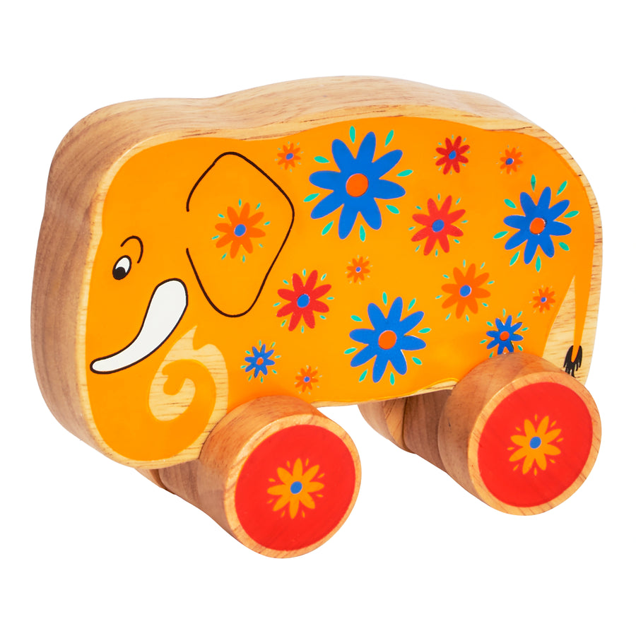 Lanka Kade 30th Birthday Yellow Elephant Push Along toy with painted flower details and red wheels. For children 10 months and over 