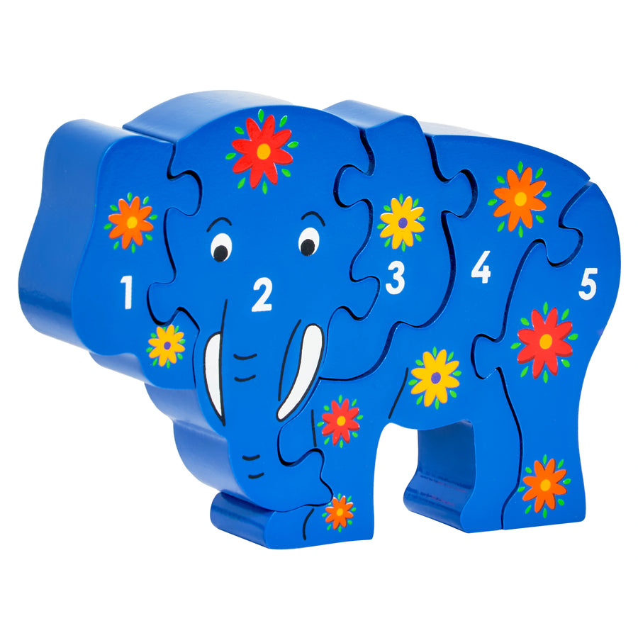 Lanka Kade 30th Birthday Elephant 1-5 Jigsaw in Blue with colourful painted flowers. The chunky puzzle stands up and is suitable from 10 months old. 