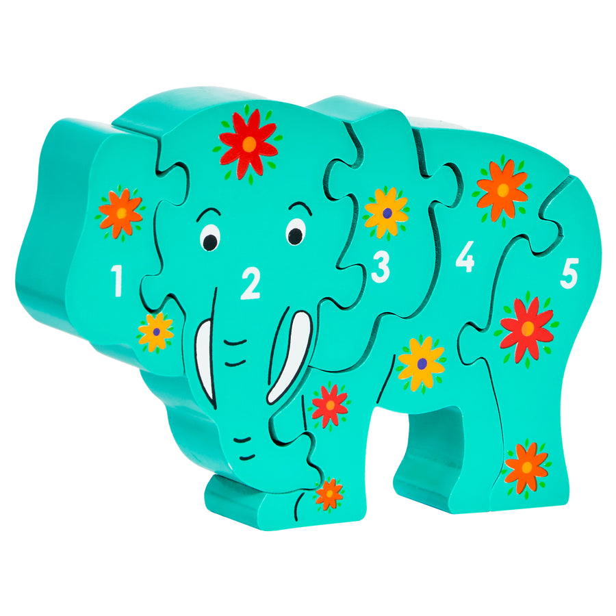 Lanka Kade 30th Birthday Elephant 1-5 Jigsaw in Green with colourful painted flowers. The chunky puzzle stands up and is suitable from 10 months old. 