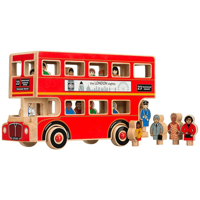 red wooden london bus toy with wooden characters and a driver. Traditional London toy for children age 3 and over.