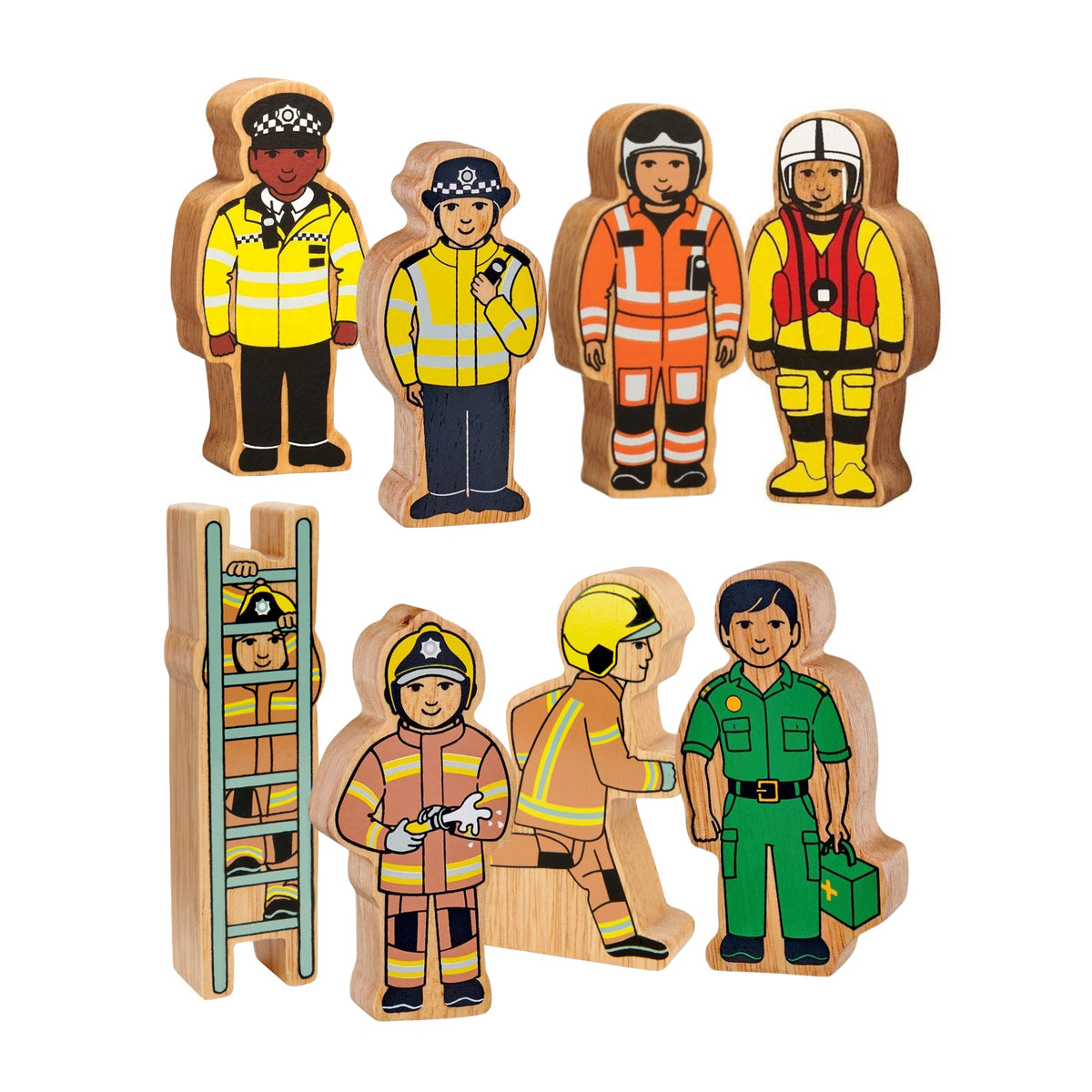 Lanka Kade Emergency Services Playset including two police officers, air rescue, sea rescue, three fire fighters and a paramedic. Wooden play figures made by lanka kade for children age 10 months and over 