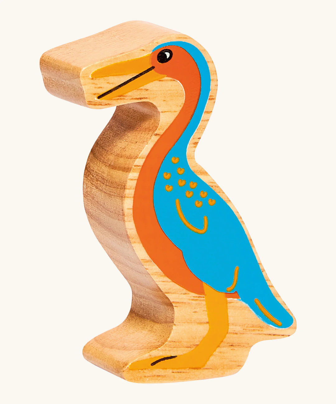 Wooden toy hesperonis dinosaur with blue and orange design on a white background