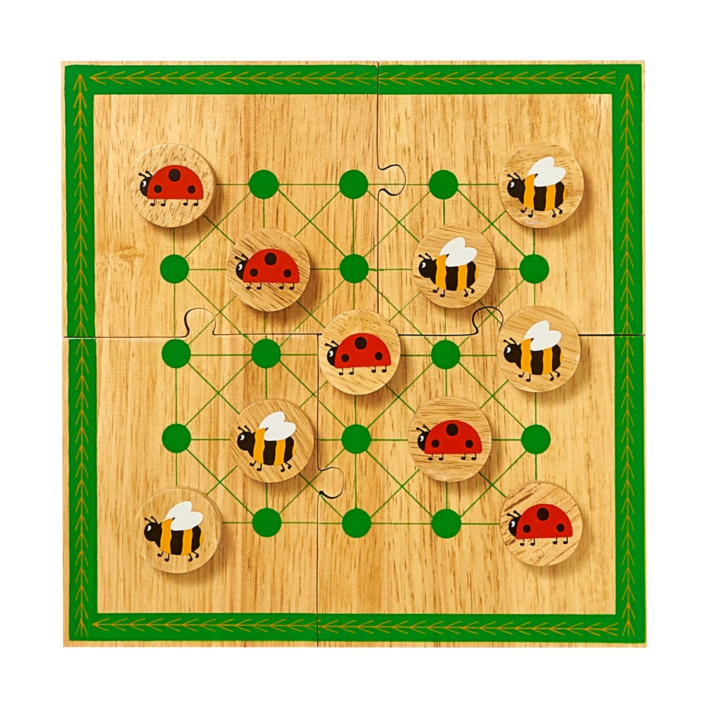 wooden Minibeast travel Board Game with ladybird and bee game pieces. The board comes apart to fit in a cotton travel bag. Strategy game for age 3+