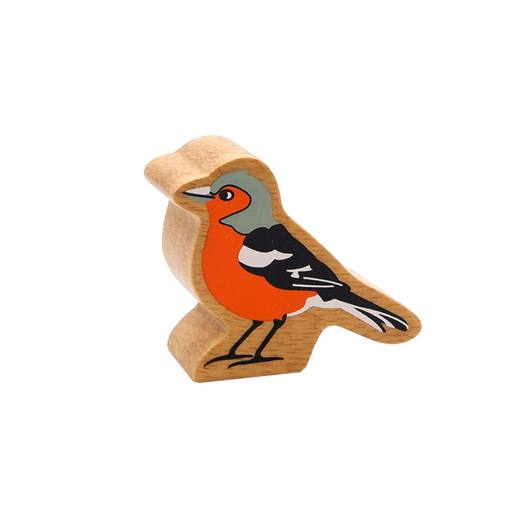 A wooden toy figure of an orange chaffinch with detailed painted designs on its wings and head, showcasing natural wood grain on the edges.
