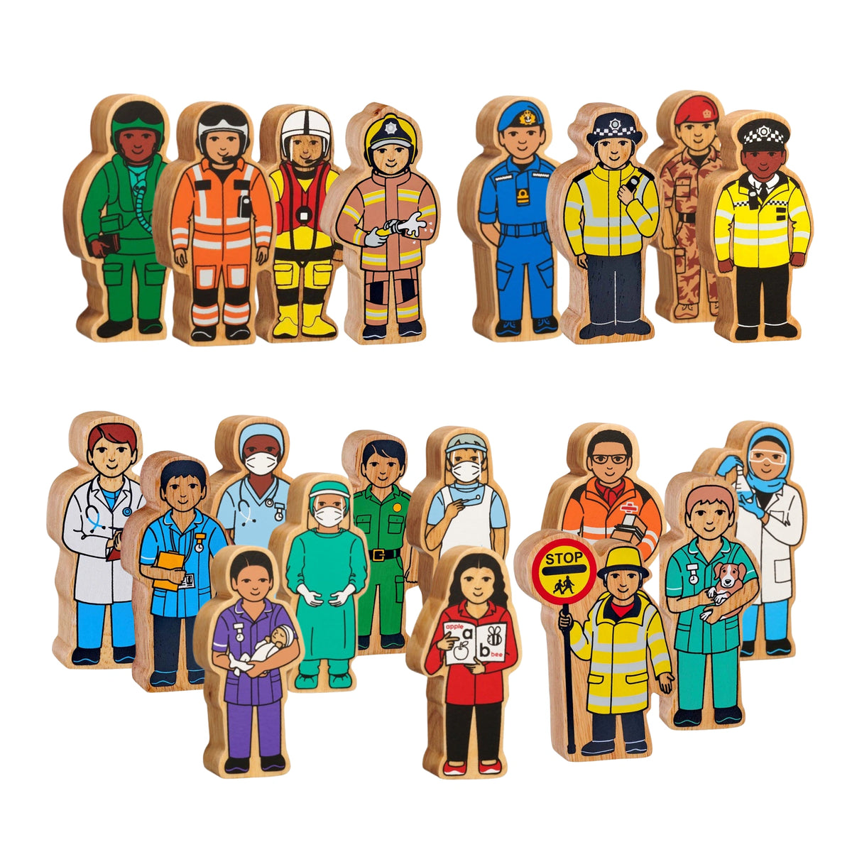 lanka kade people who help us wooden figures playset for small world play. Includes air force officer, air rescue, sea rescue, firefighter, navy officer, police woman, police man. army officer, doctor nurse, surgeon, dentist, midwife, paramedic, scientist, delivery driver, lollipop person, vet and nurse in scrubs. For age 10 months and over.