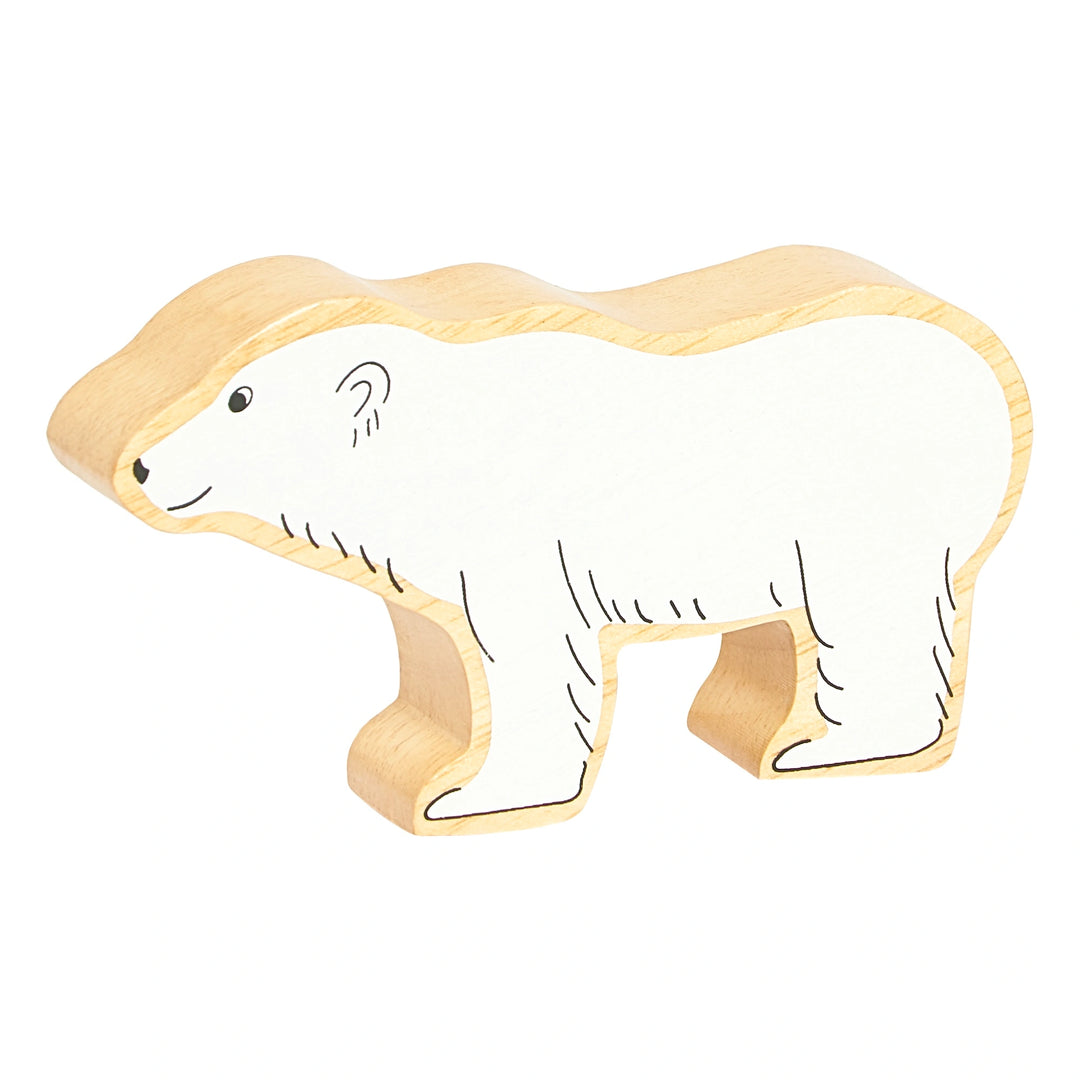 Wooden polar bear toy with a natural wood grain edge on a white background