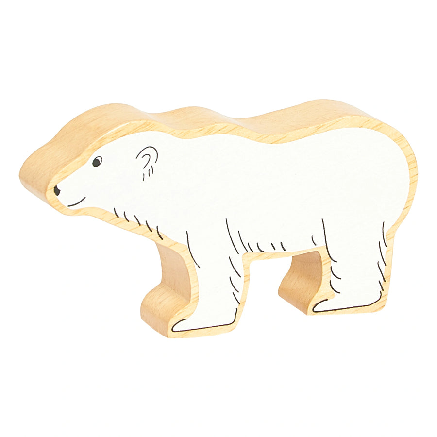 Wooden polar bear toy with a natural wood grain edge on a white background