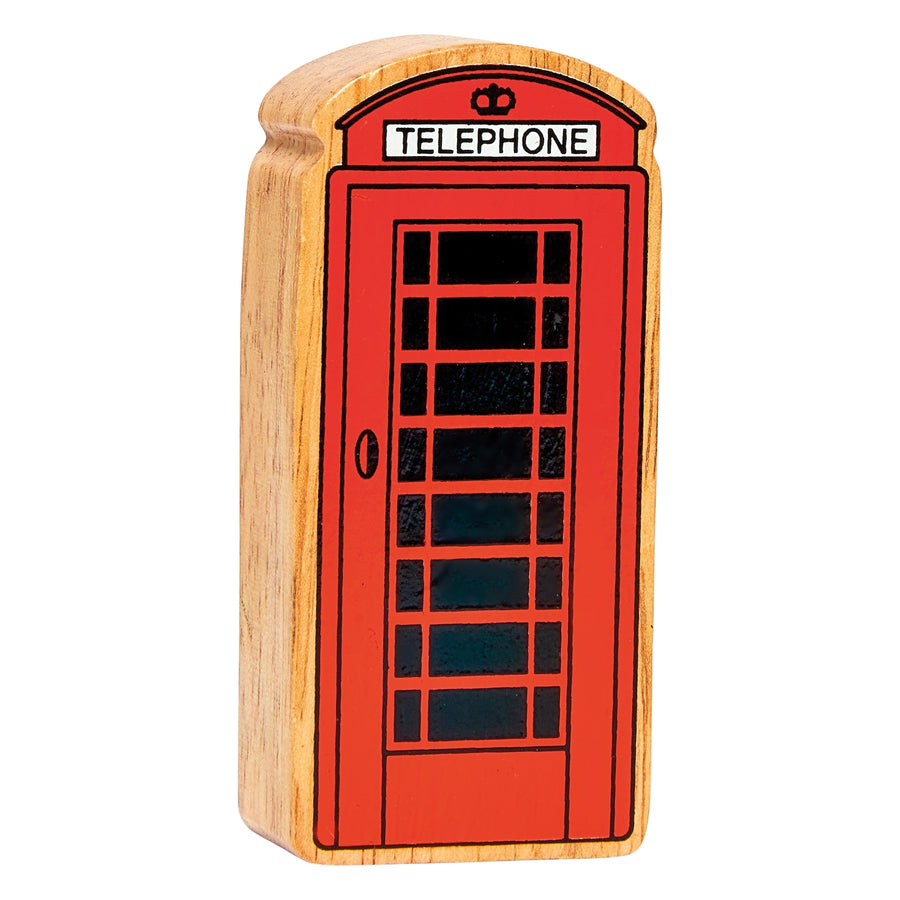 Red telephone box wooden toy with painted details and a wood grain edge. 