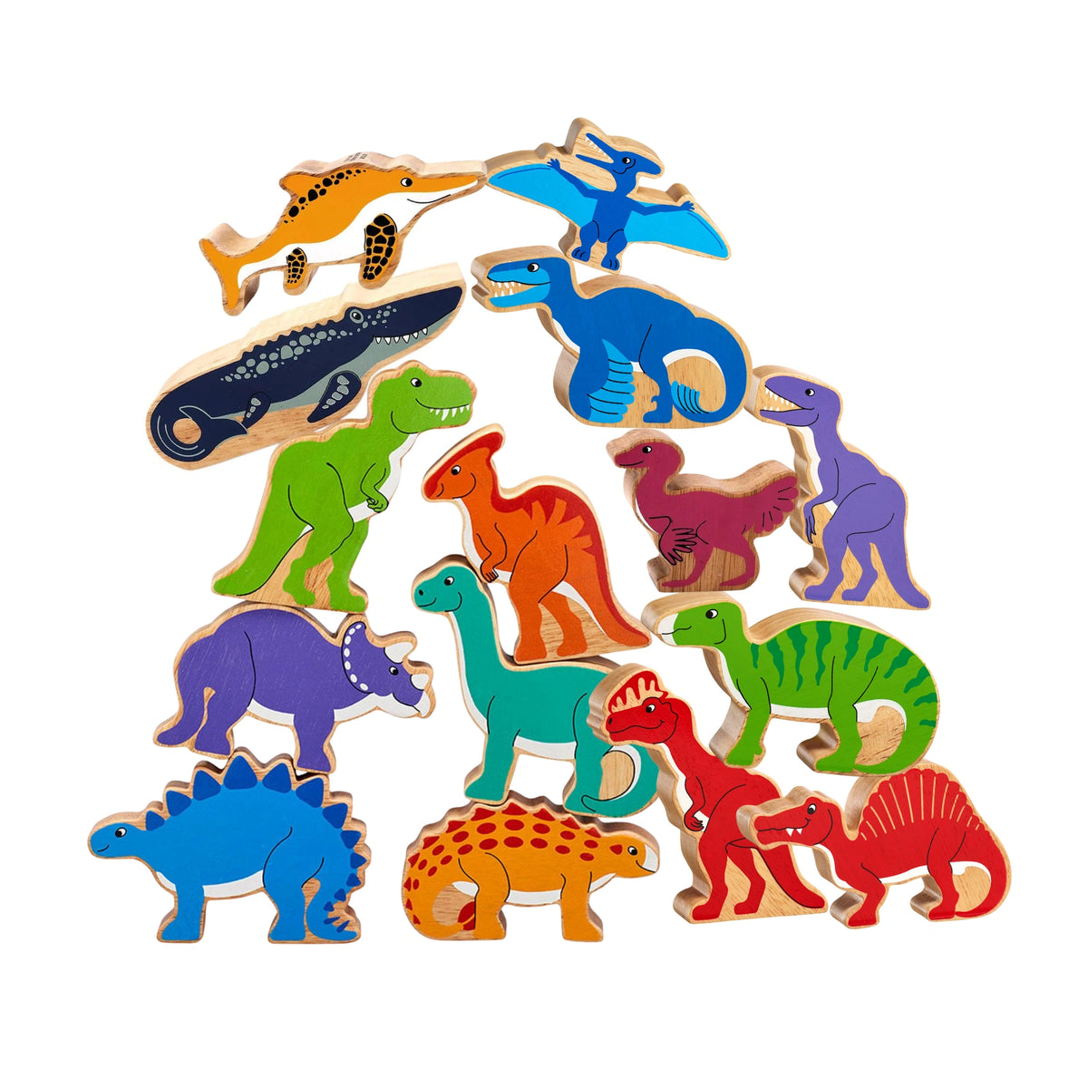 Smallkind ultimate dinosaur playset featuring all 15 Lanka Kade wooden dinosaurs -  Stegosaurus, T-Rex, Diplodocus, Pteranadon, Velociraptor, Iguanodon, Triceratops, Spinosaurus, Ichthyosaur, Mosasaurus, Caudipteryx, Parasaurolophus, Utahraptor, Dilophosaurus, and Saichania.Perfect goft for kids who love dinos. 