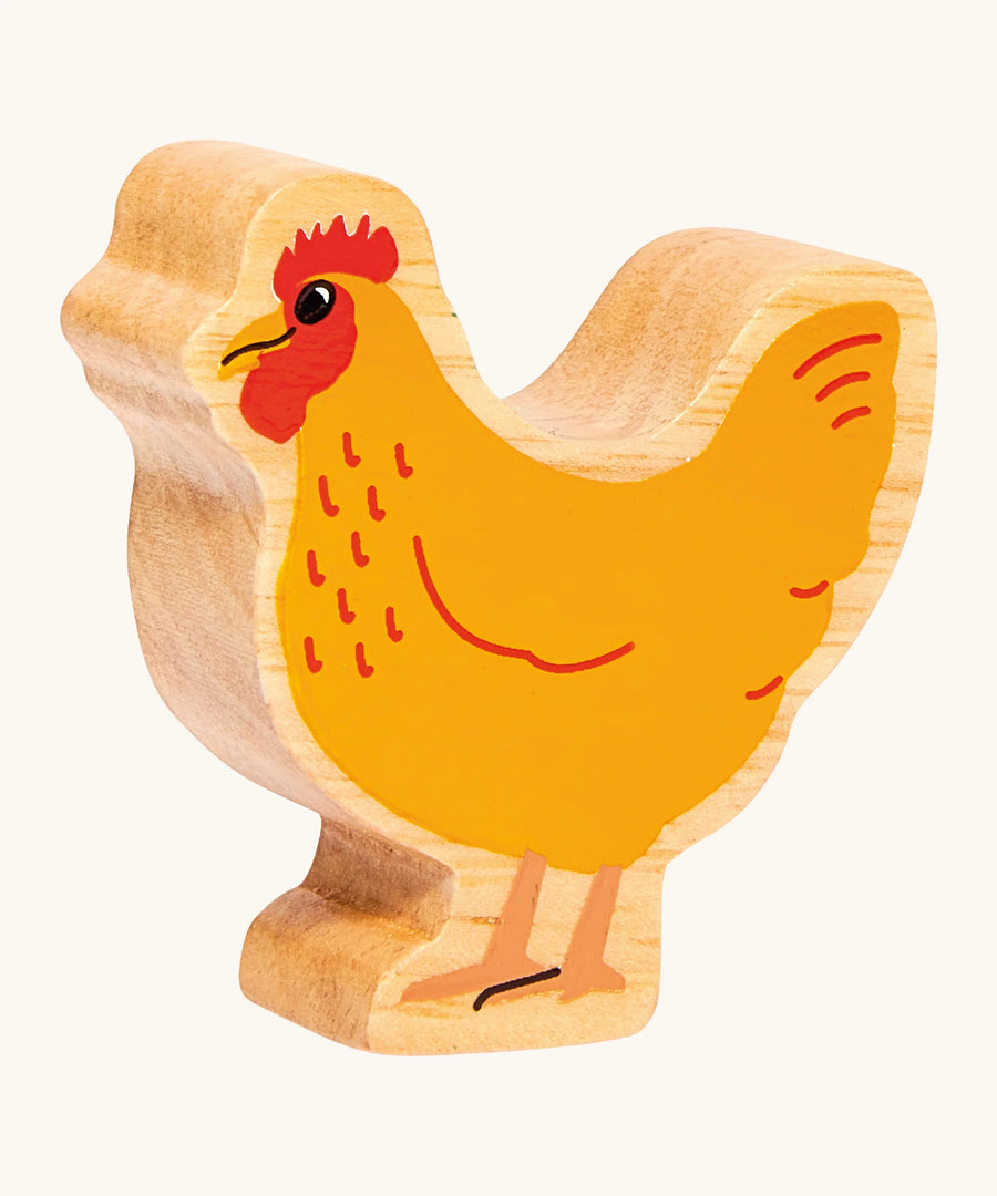 wooden hen play figure with natural wood grain edge and painted details 