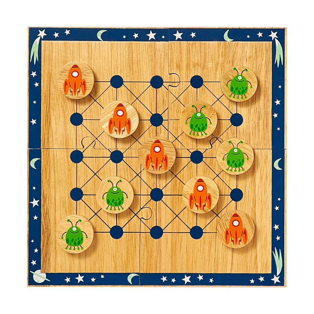 cosmic space themed wooden travel Board Game with alien and rocket game pieces. The board comes apart to fit in a cotton travel bag. Strategy game for age 3+