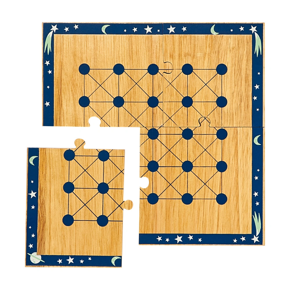 wooden game board for  Lanka kade cosmic space themed wooden travel Board Game. The board comes apart like a jigsaw to fit in a cotton travel bag. age 3+