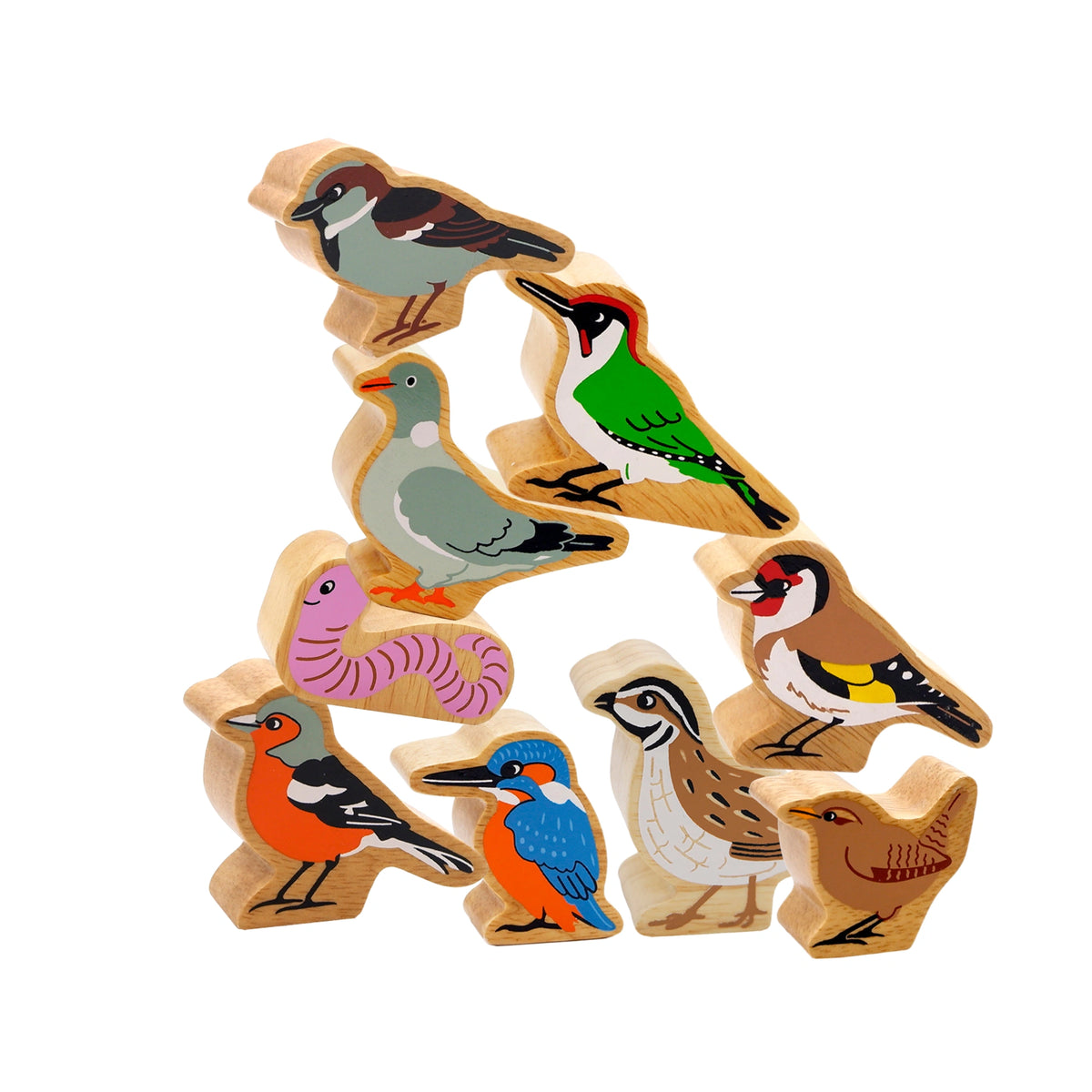 garden birds and worm wooden figures for nature play. Suitable from 10 months and over