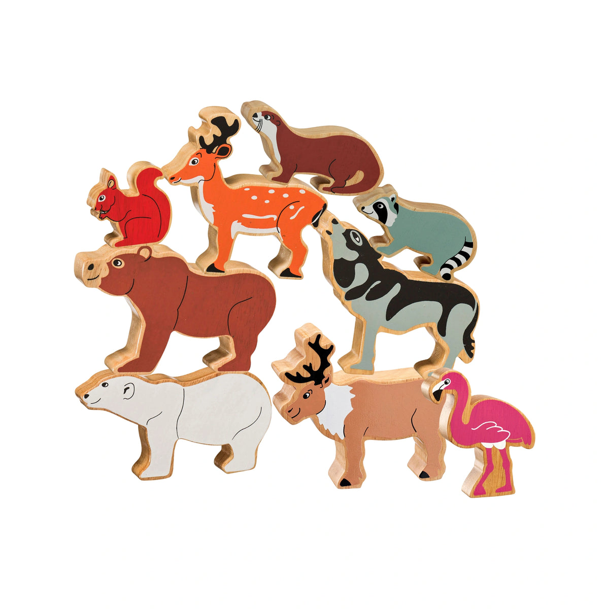 set of wooden north american animals for small world play. Chunky wooden figures including oter, deer, raccoon, wolf, reindeer, flamingo, polar bear, brown bear and squirrel. For age 10 months and over